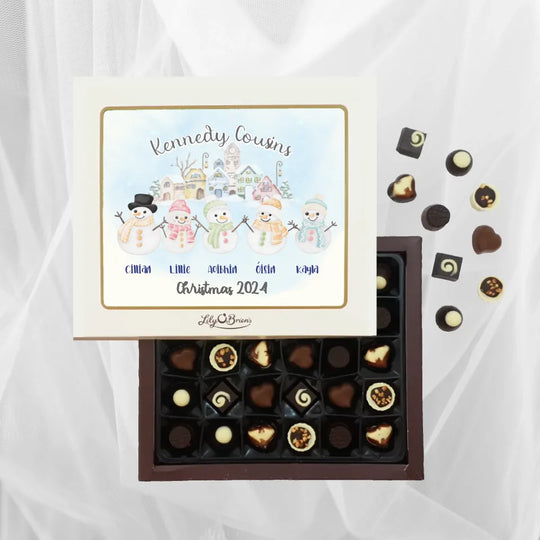 Personalised Box of Lily O'Brien's Chocolates for Christmas - Smiley Snowmen