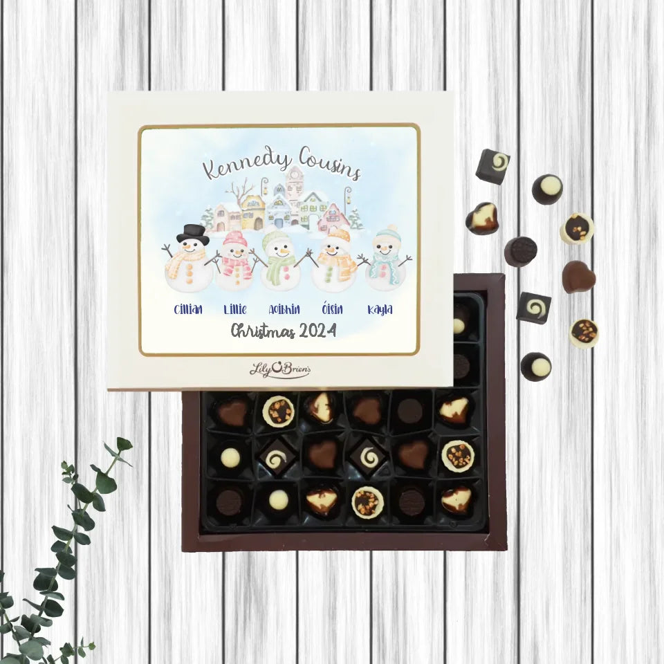 Personalised Box of Lily O'Brien's Chocolates for Christmas - Smiley Snowmen