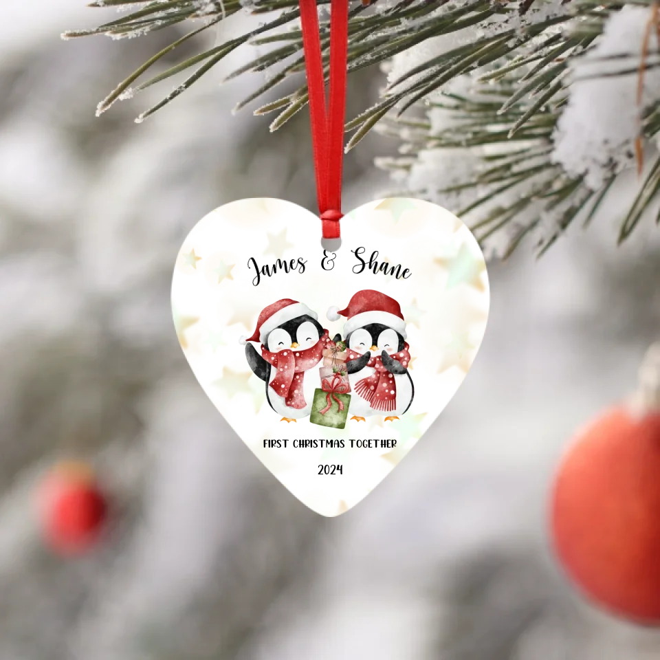 Personalised Christmas Heart Ornament for Same-Sex Couple - Penguins