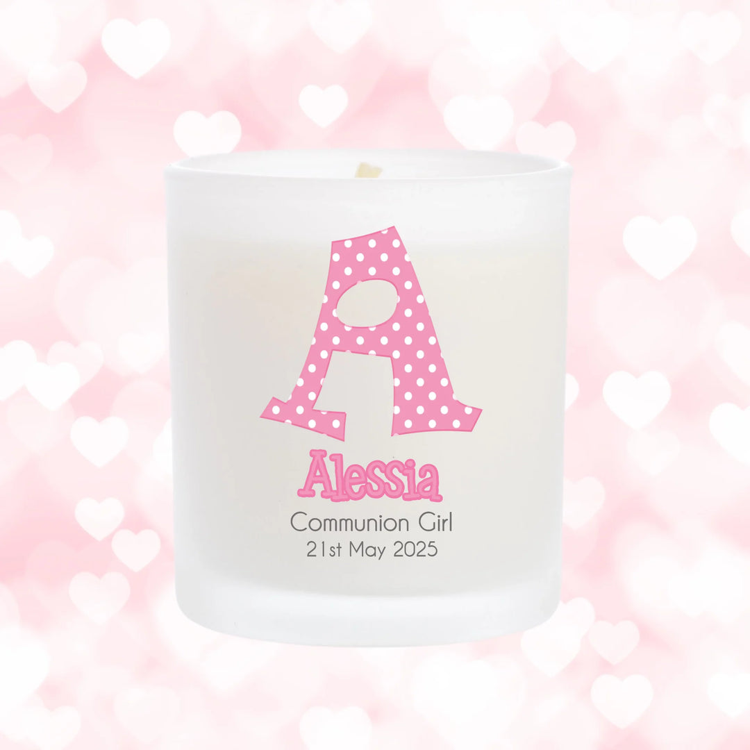 Personalised Communion Candle - Pink Polka Dots - Choose Your Initial