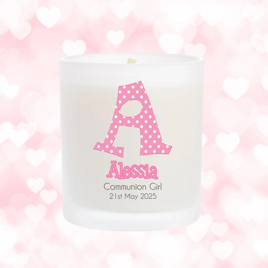 Personalised Communion Candle - Pink Polka Dots - Choose Your Initial