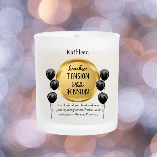 Personalised Retirement Candle - Goodbye Tension, Hello Pension