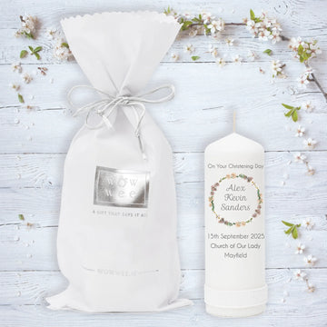 Personalised Christening Candle - Neutral Wreath