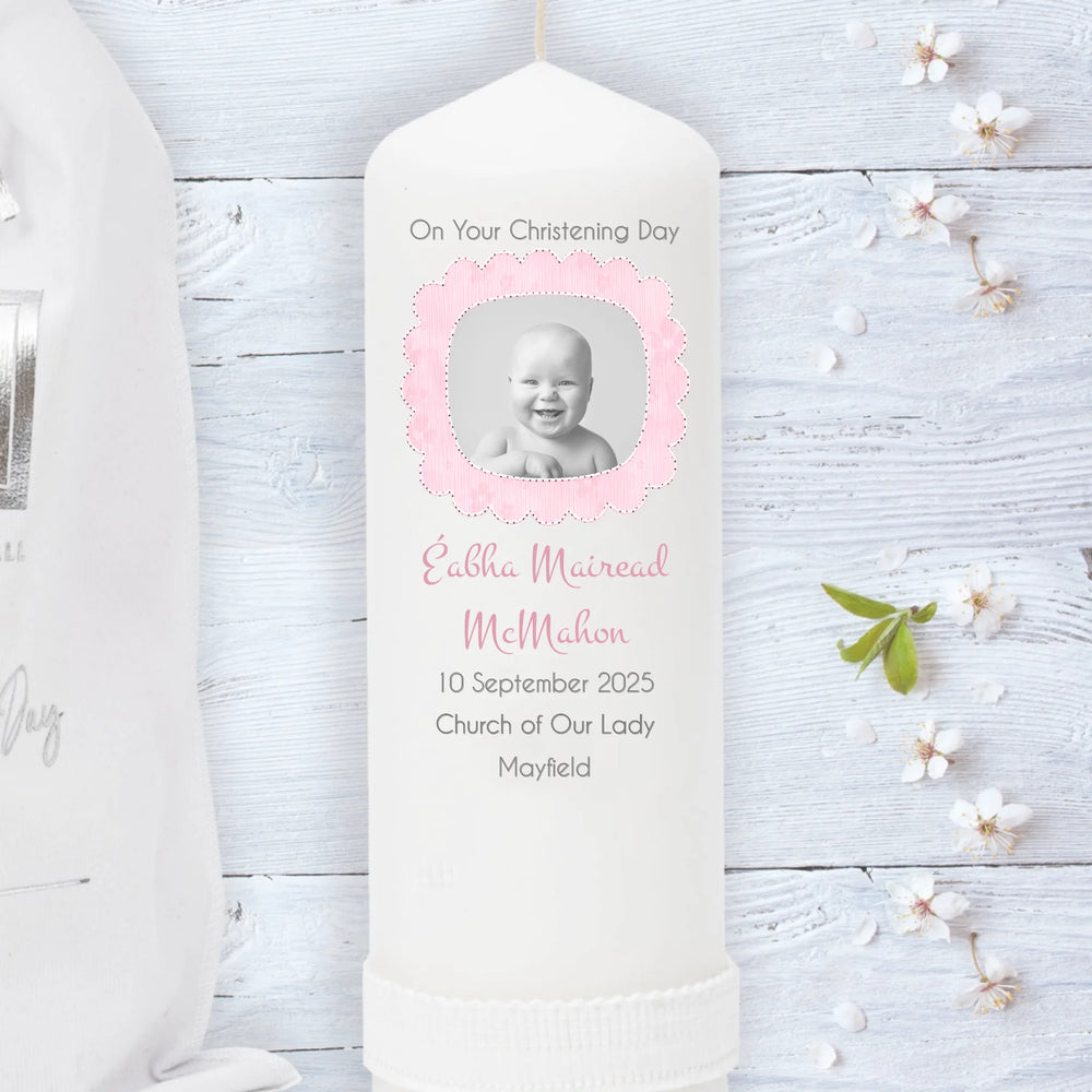 Personalised Christening Candle - Upload Your Own Image - Pink, Blue & Neutral Colours