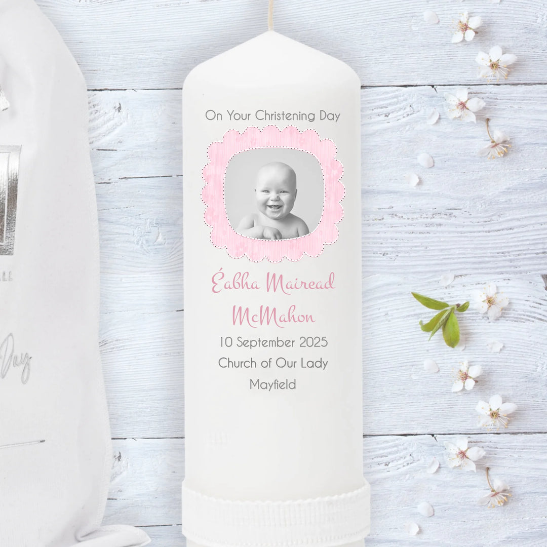 Personalised Christening Candle - Upload Your Own Image - Pink, Blue & Neutral Colours