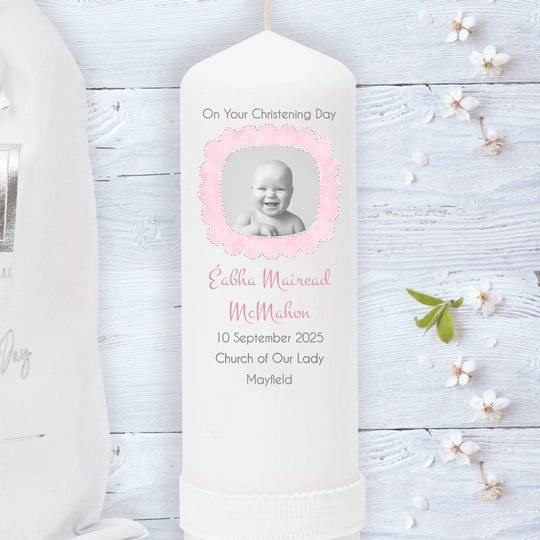 Personalised Christening Candle - Upload Your Own Image - Pink, Blue & Neutral Colours