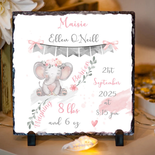 Personalised Slate for Baby Girl - Cute Elephant