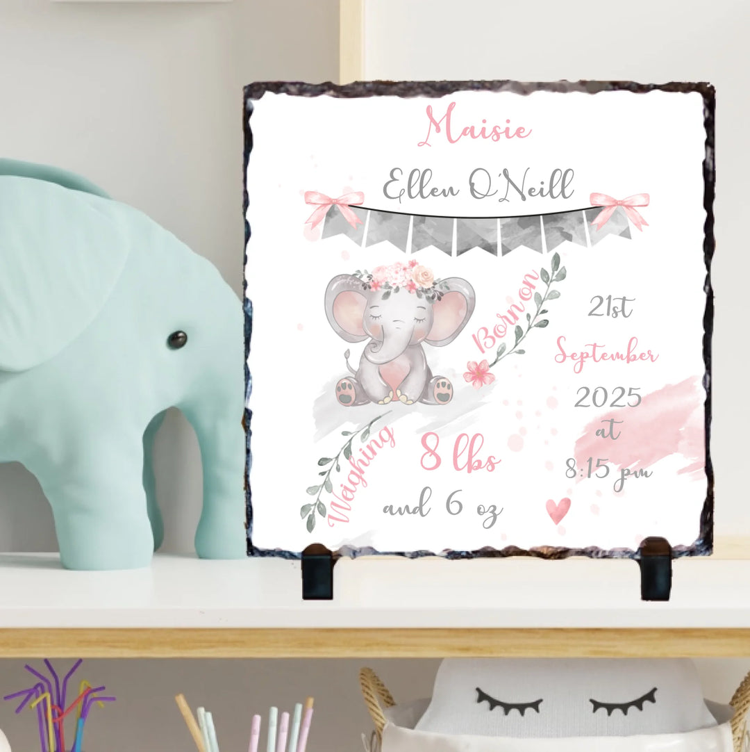 Personalised Slate for Baby Girl - Cute Elephant
