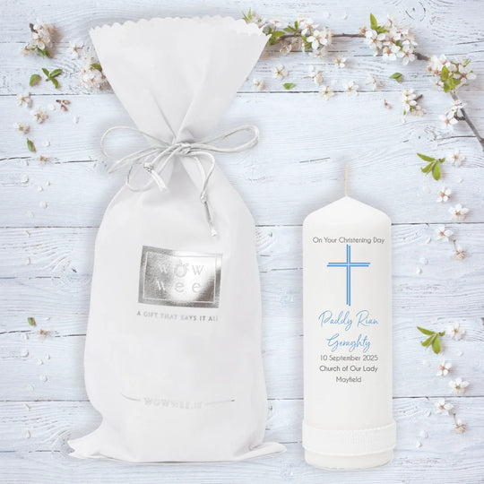 Personalised Christening Candle for Boys - Peaceful Cross