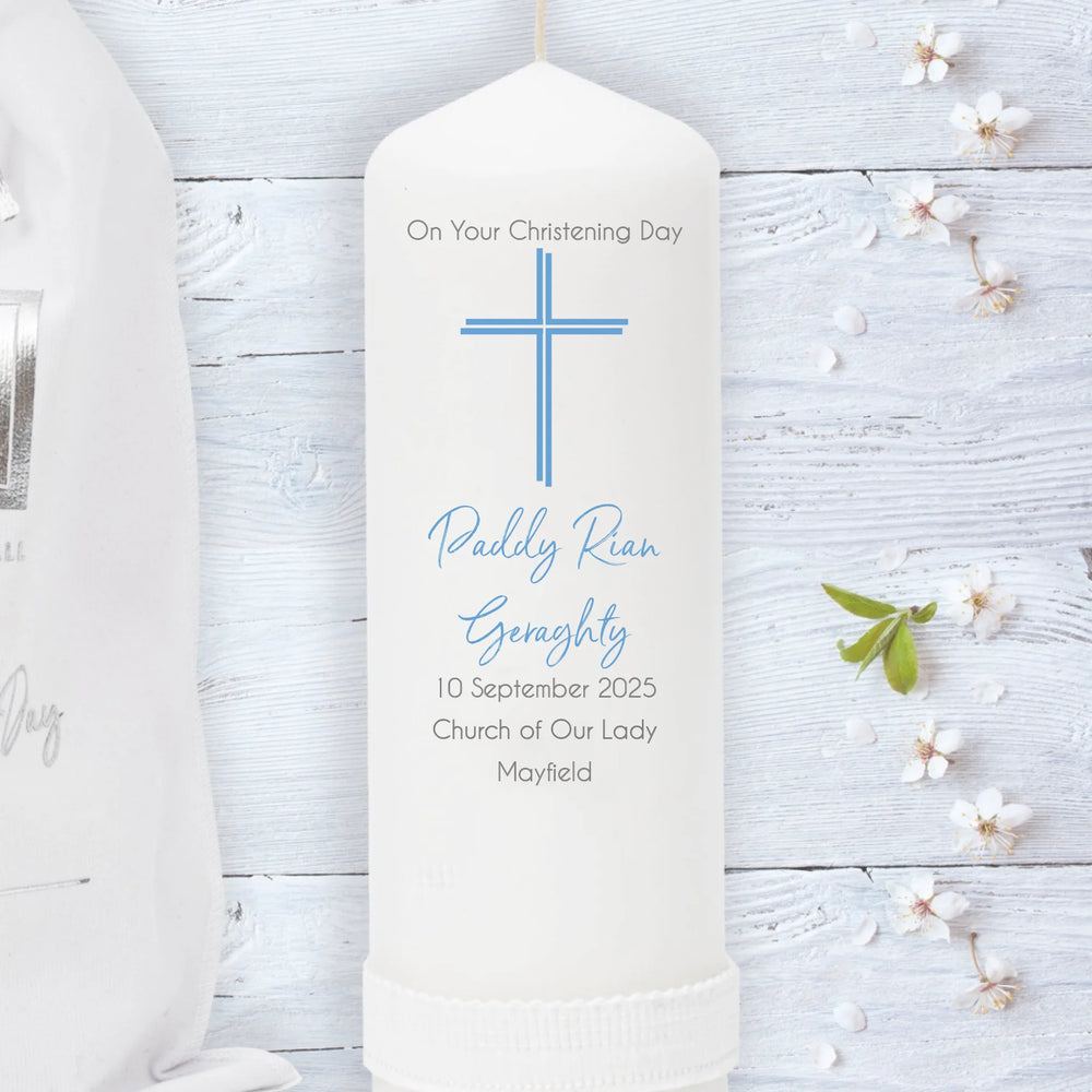 Personalised Christening Candle for Boys - Peaceful Cross