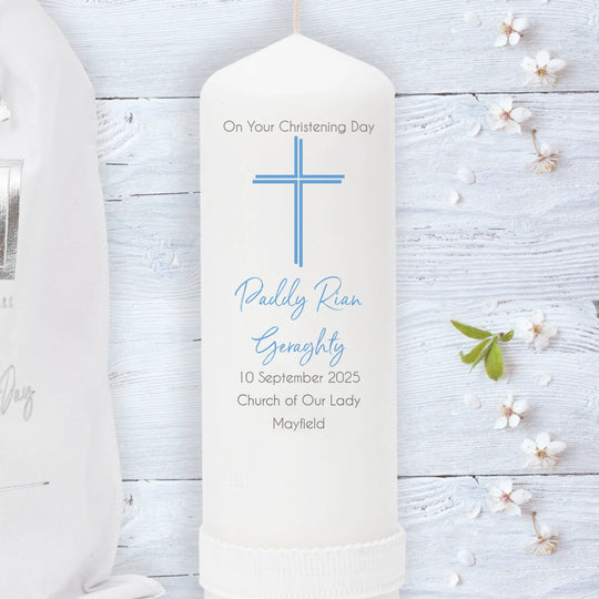 Personalised Christening Candle for Boys - Peaceful Cross