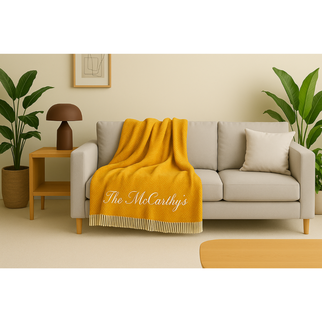 Personalised Throw by Foxford -Innisfree Mustard Cashmere and Lambswool IRISH LUXURY