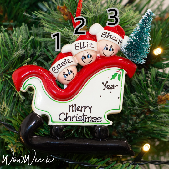 Personalised Christmas Ornament - Sleigh Family of 3 with Tree