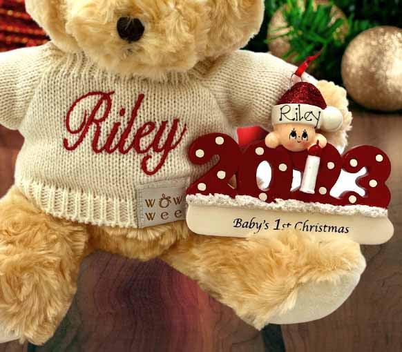 Personalised Baby's First Christmas Gift Set - Bailey Bear and  Baby's 1st Christmas Ornament - 2023 Red