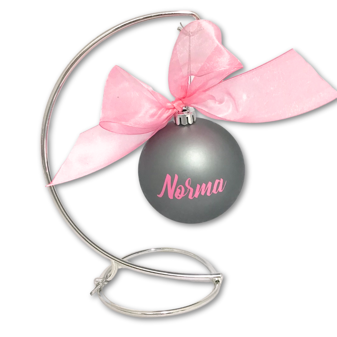 Personalised Luxury Christmas Bauble - Grey & Pink - 8cm with Free Silver Stand