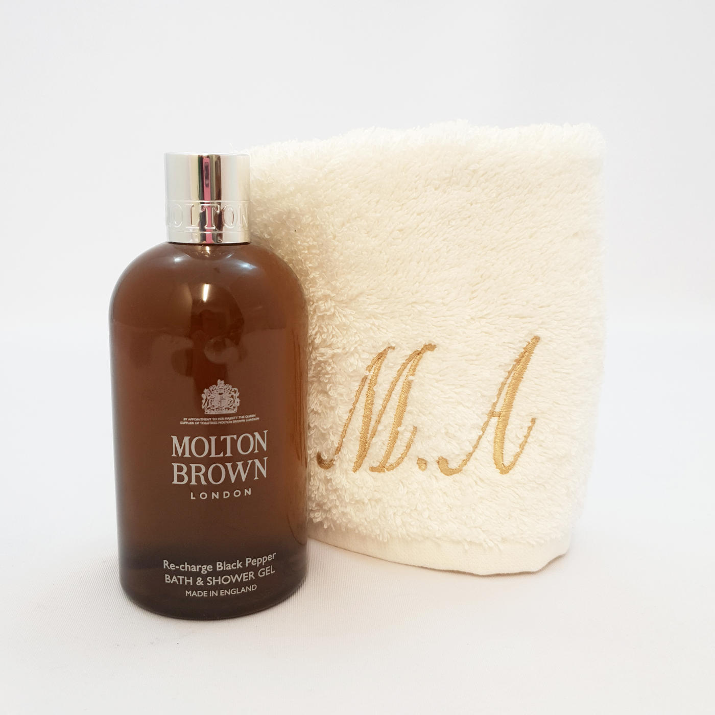 Personalised Luxury Cream Face Cloth & Molton Brown Re-charge Black Pepper Bath & Shower Gel