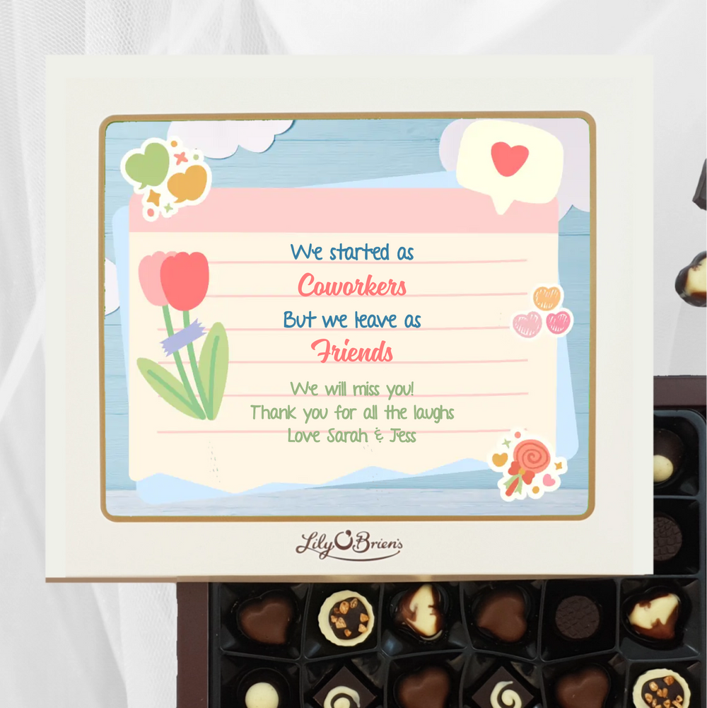 Personalised Box of Lily O’Brien’s Chocolates. Colourful design with hearts, speech bubbles and flowers. Add your own personal message