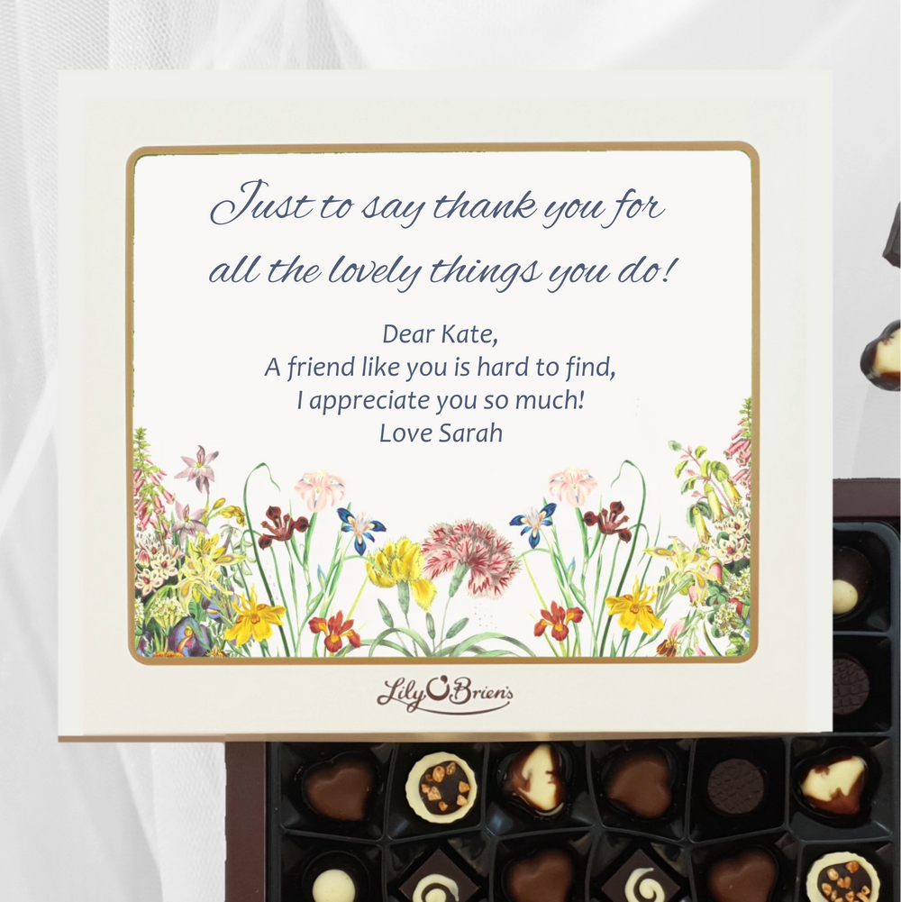 Personalised Box of Lily O’Brien’s Chocolates. Floral design with personal message