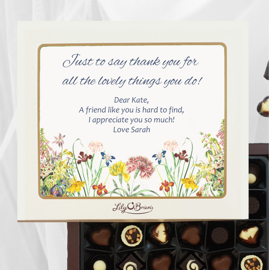 Personalised Box of Lily O’Brien’s Chocolates. Floral design with personal message