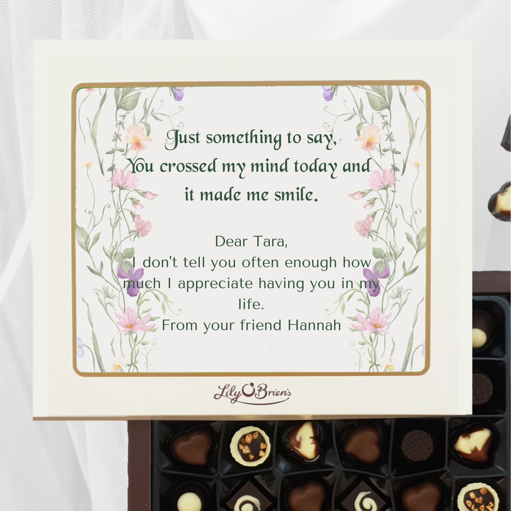 Personalised Box of Lily O’Brien’s Chocolates with floral design on the sides and personal message
