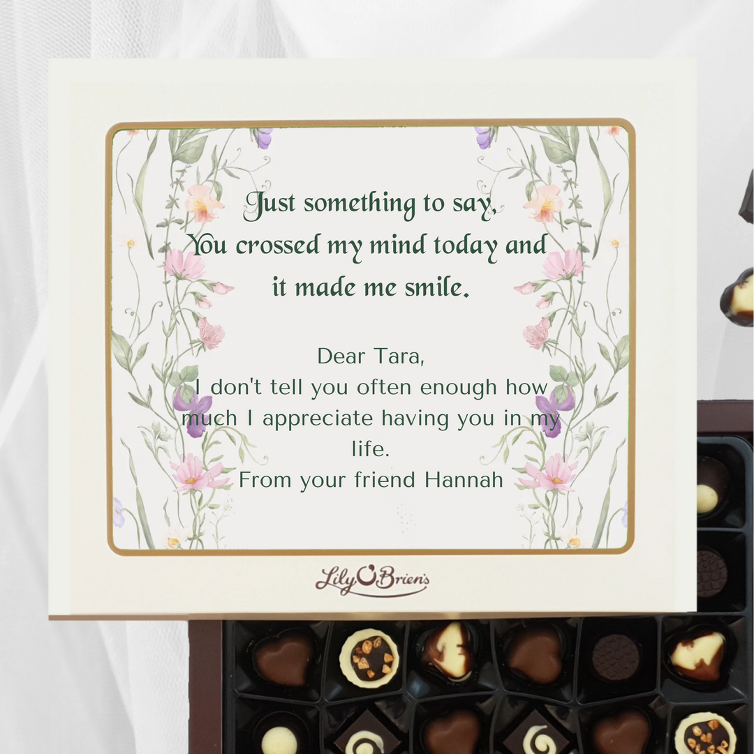 Personalised Box of Lily O’Brien’s Chocolates with floral design on the sides and personal message
