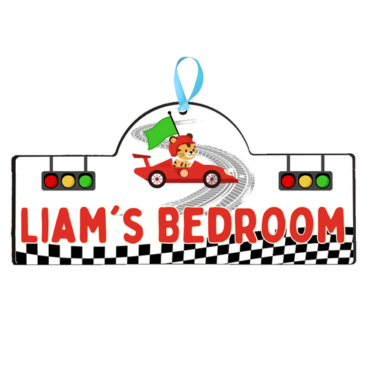 Children's bedroom door sign with race car and traffic light design, featuring the name 'Liam'.