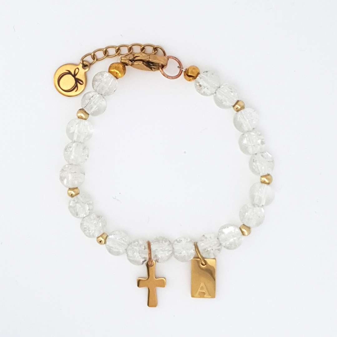 Personalised Christening Bracelet - Crackle Glass Beads & Gold