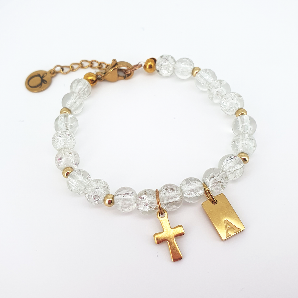 Personalised Christening Bracelet - Crackle Glass Beads & Gold