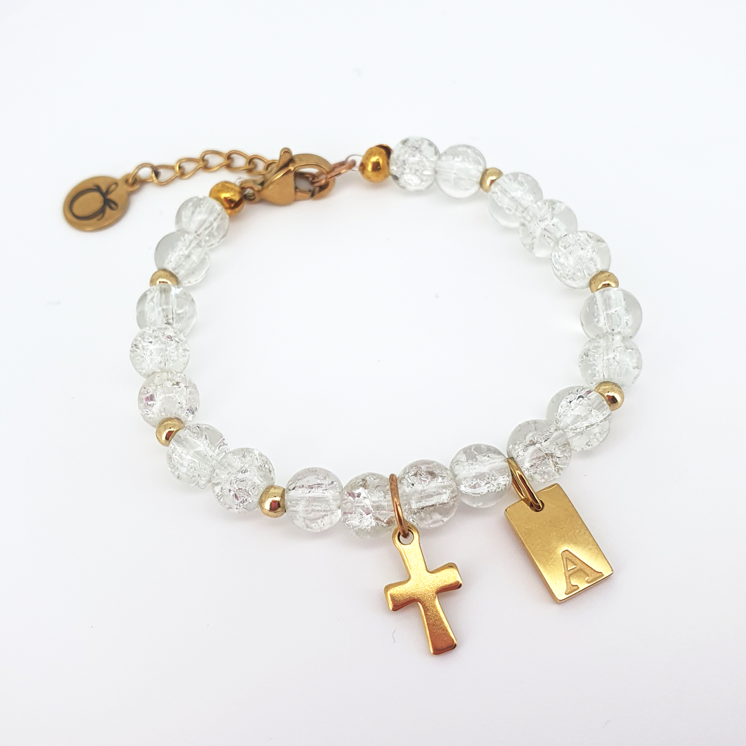 Personalised Christening Bracelet - Crackle Glass Beads & Gold
