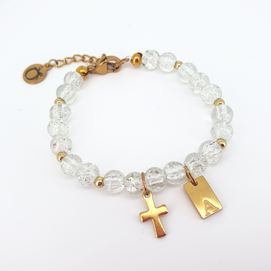 Personalised Christening Bracelet - Crackle Glass Beads & Gold