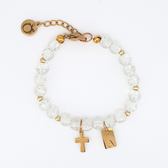 Personalised Christening Bracelet - Crackle Glass Beads & Gold
