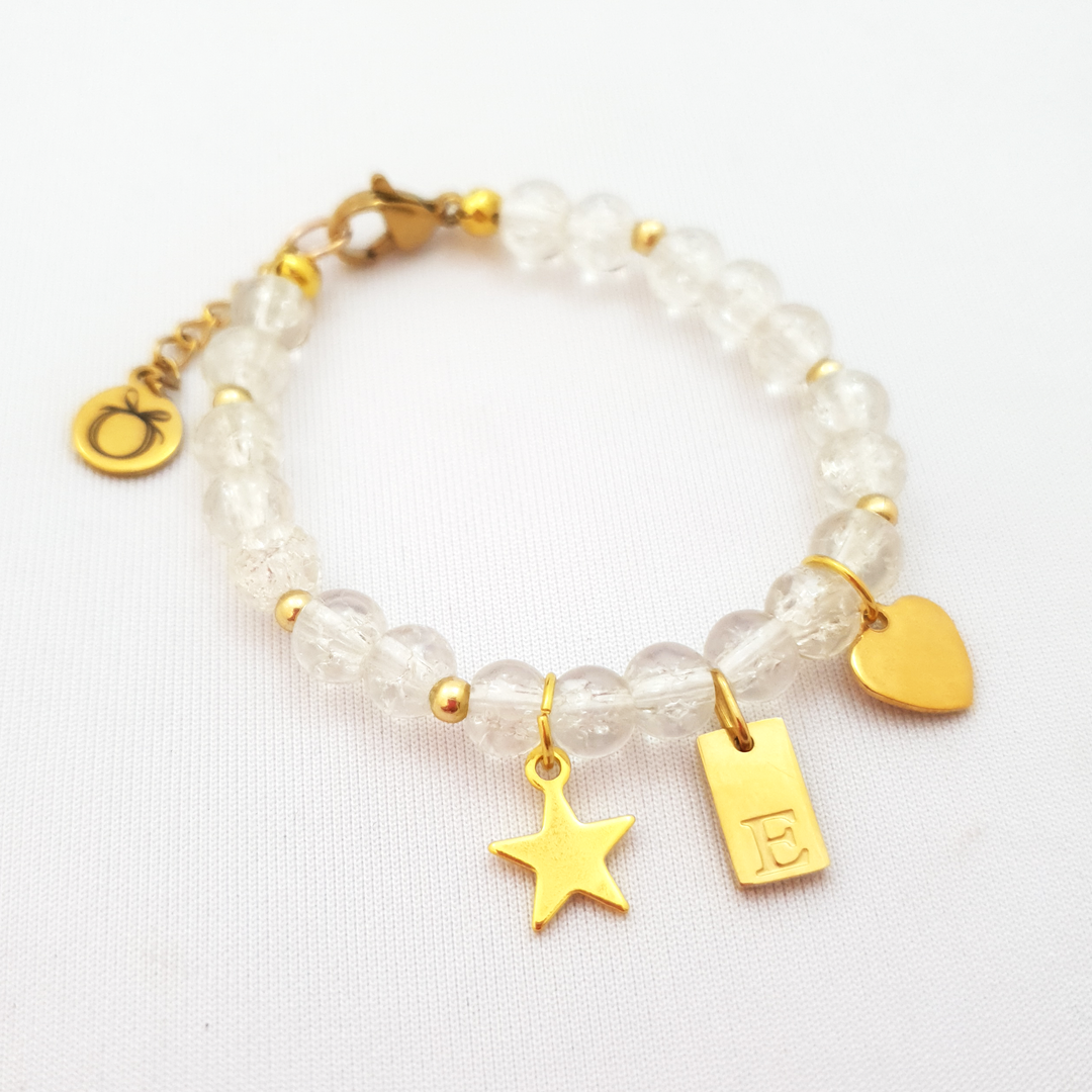 Personalised Christening Bracelet - Crackle Glass Beads & Gold