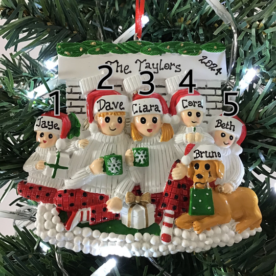 Personalised Christmas Decorations - Paws by the Fireplace Family 5 NEW