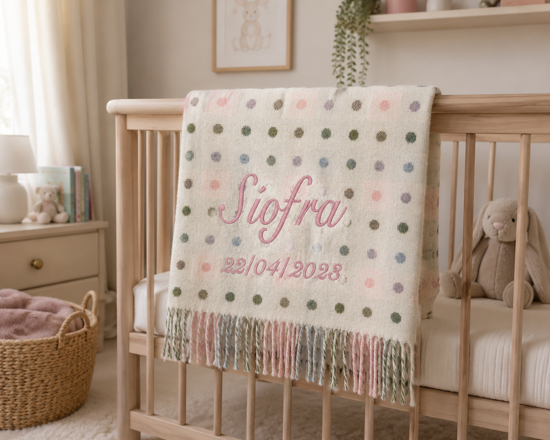 Personalised Foxford Baby Blanket - Multi Coloured Spot Pastel