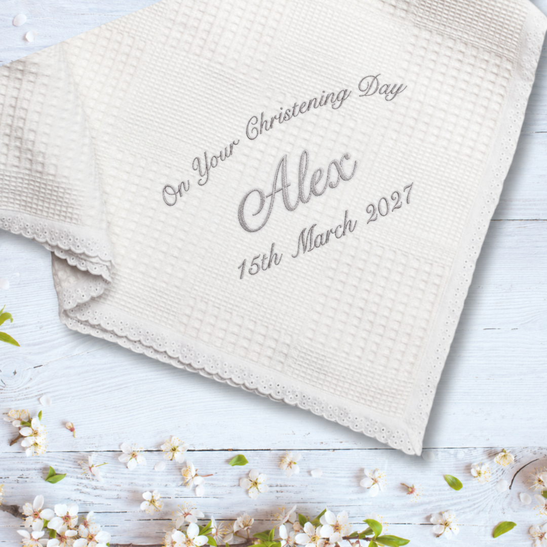 Personalised Christening Shawl - Silver Embroidery - White Cotton with Lace Trim for Girls & Boys
