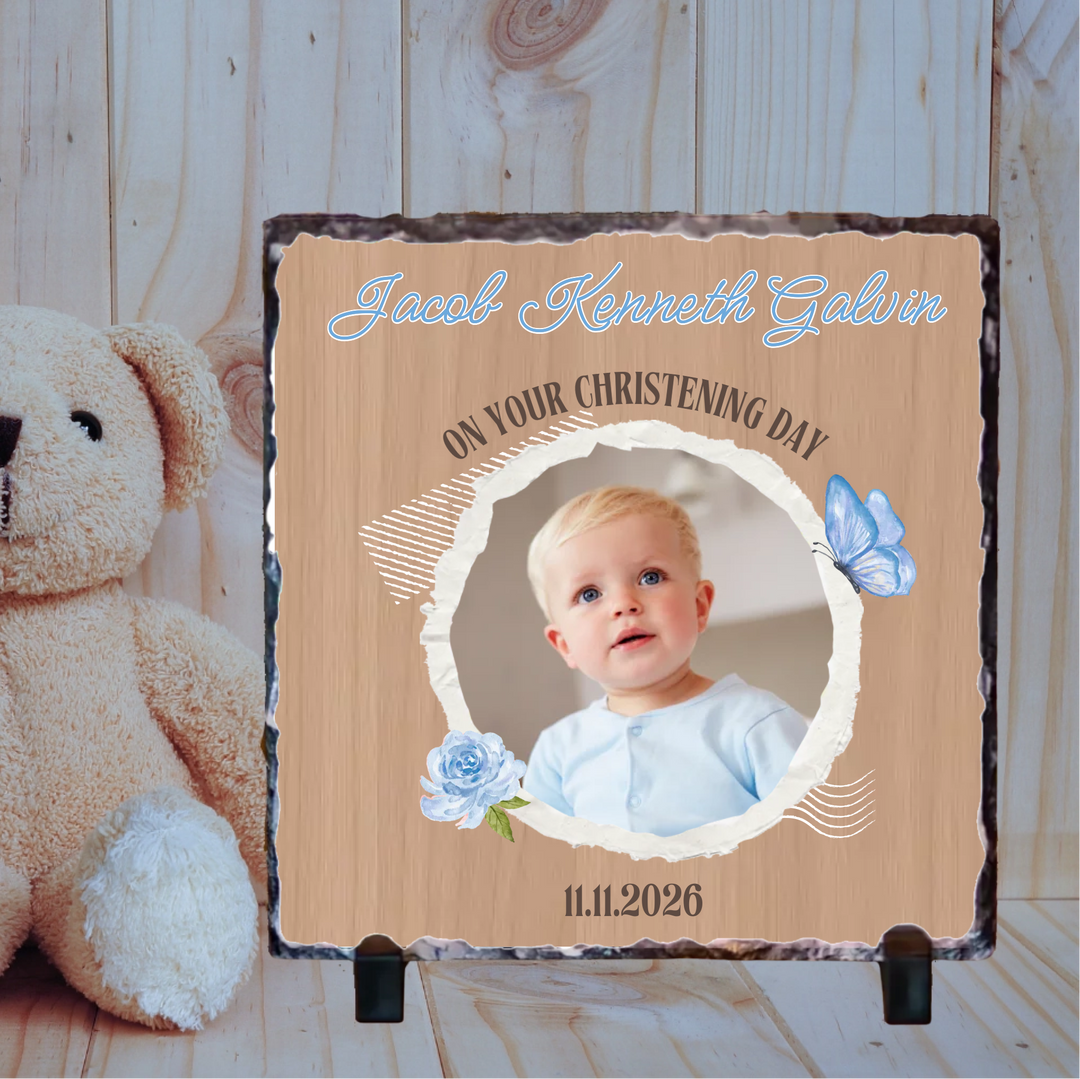 Personalised Christening Slate for Boys - Rustic with Photo