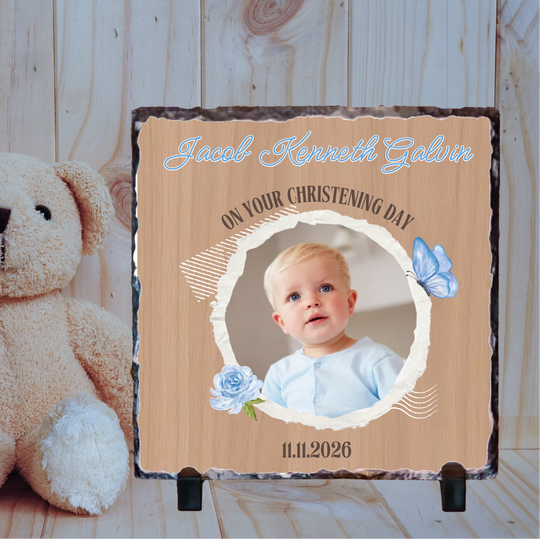 Personalised Christening Slate for Boys - Rustic with Photo