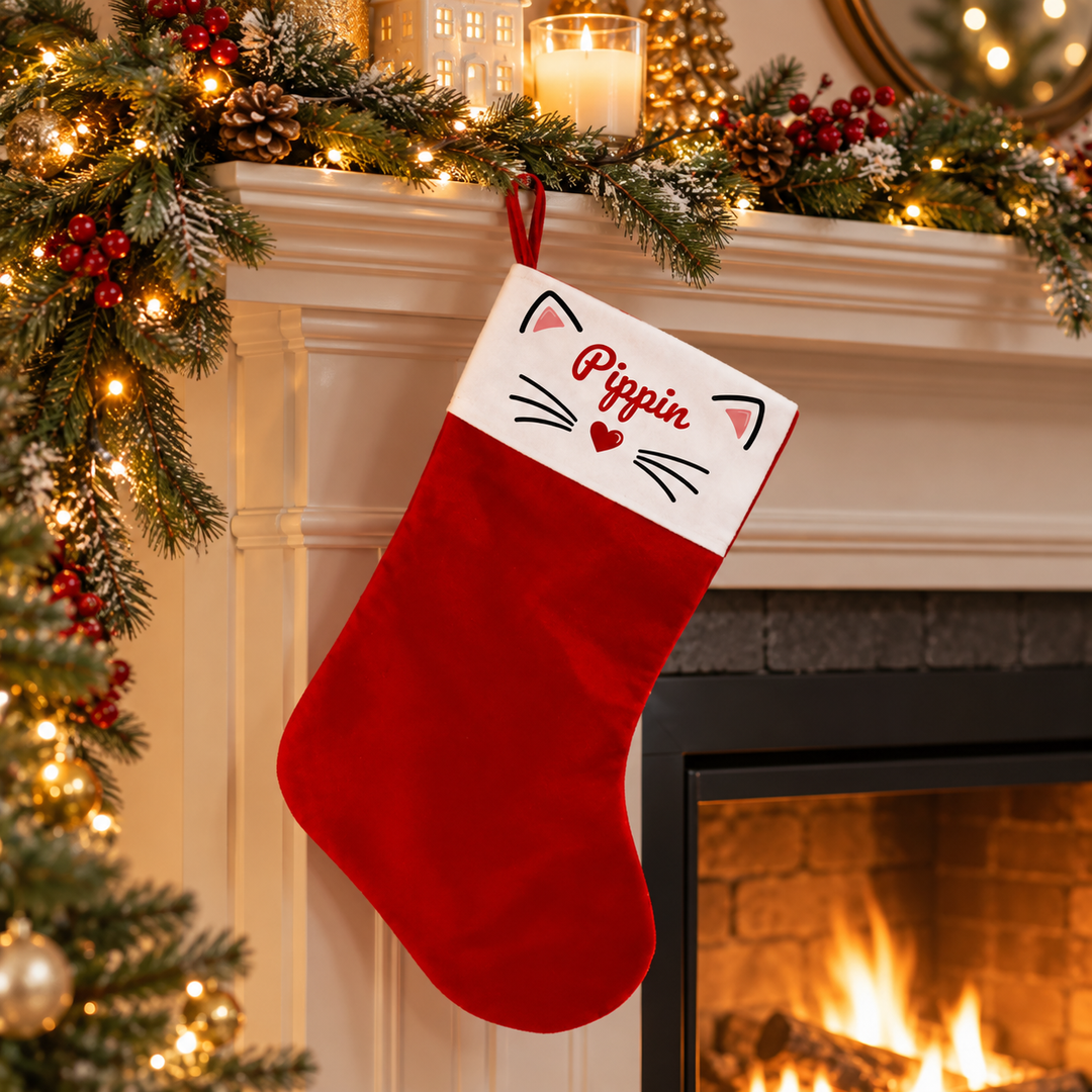 A red Christmas stocking with a white cuff featuring a cat face design and the name 'Pippin' in red script, hanging on a decorated fireplace mantel above a burning fire.