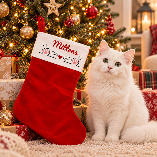 A red Christmas stocking with a white cuff, personalized with the name 'Millers' and cat illustrations, displayed next to a fluffy white cat in front of a decorated Christmas tree.