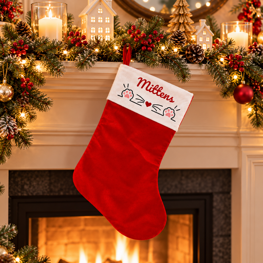 A red Christmas stocking with a white cuff hangs from a fireplace mantel decorated with green garlands, pinecones, lit candles, and red berries. The cuff is personalized with the name 'Mittens' in red script with cat-ear doodles on either side.