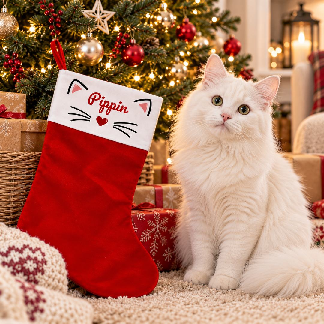 A white fluffy cat sits beside a red Christmas stocking with a white cuff printed with the name 'Pippin' in red script, decorated with black whisker lines and a small red heart. The scene is set in a cozy holiday living room with a decorated Christmas tree, wrapped gifts, warm lights, and a knitted blanket.