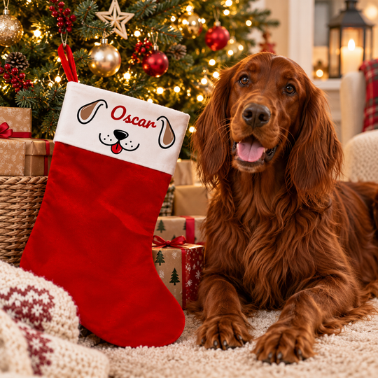 A red Christmas stocking with a white cuff, personalized with the name 'Oscar' and a dog face graphic, placed next to a brown long-haired dog in front of a decorated Christmas tree.
