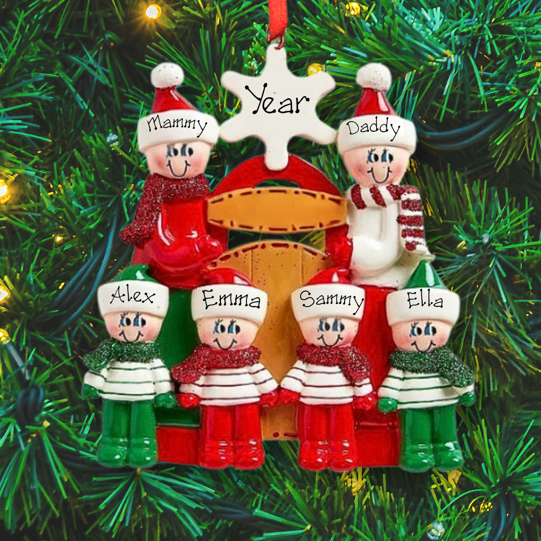 Personalised Christmas Tree Decoration - Sledding Family of 6