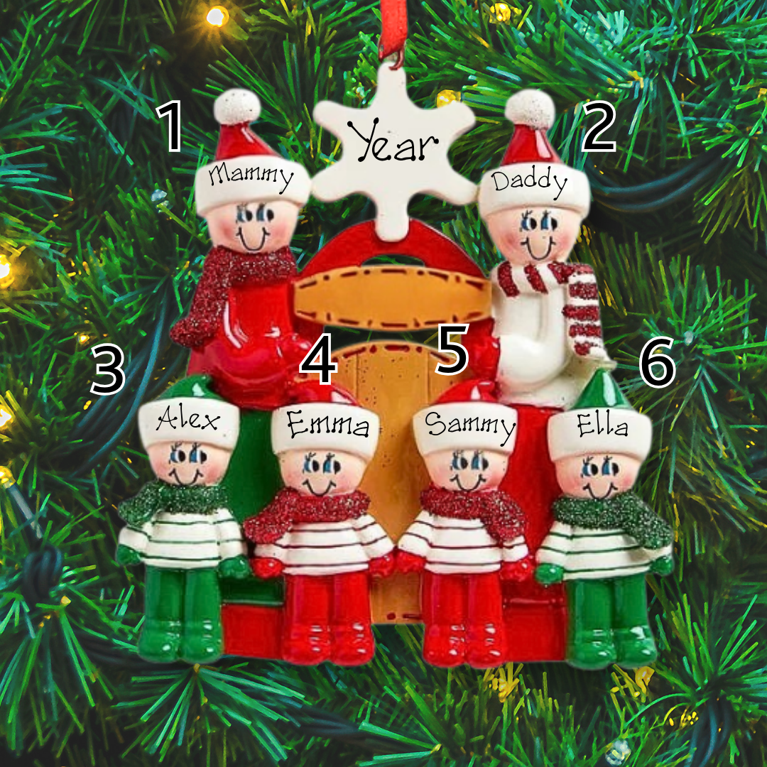 Personalised Christmas Tree Decoration - Sledding Family of 6