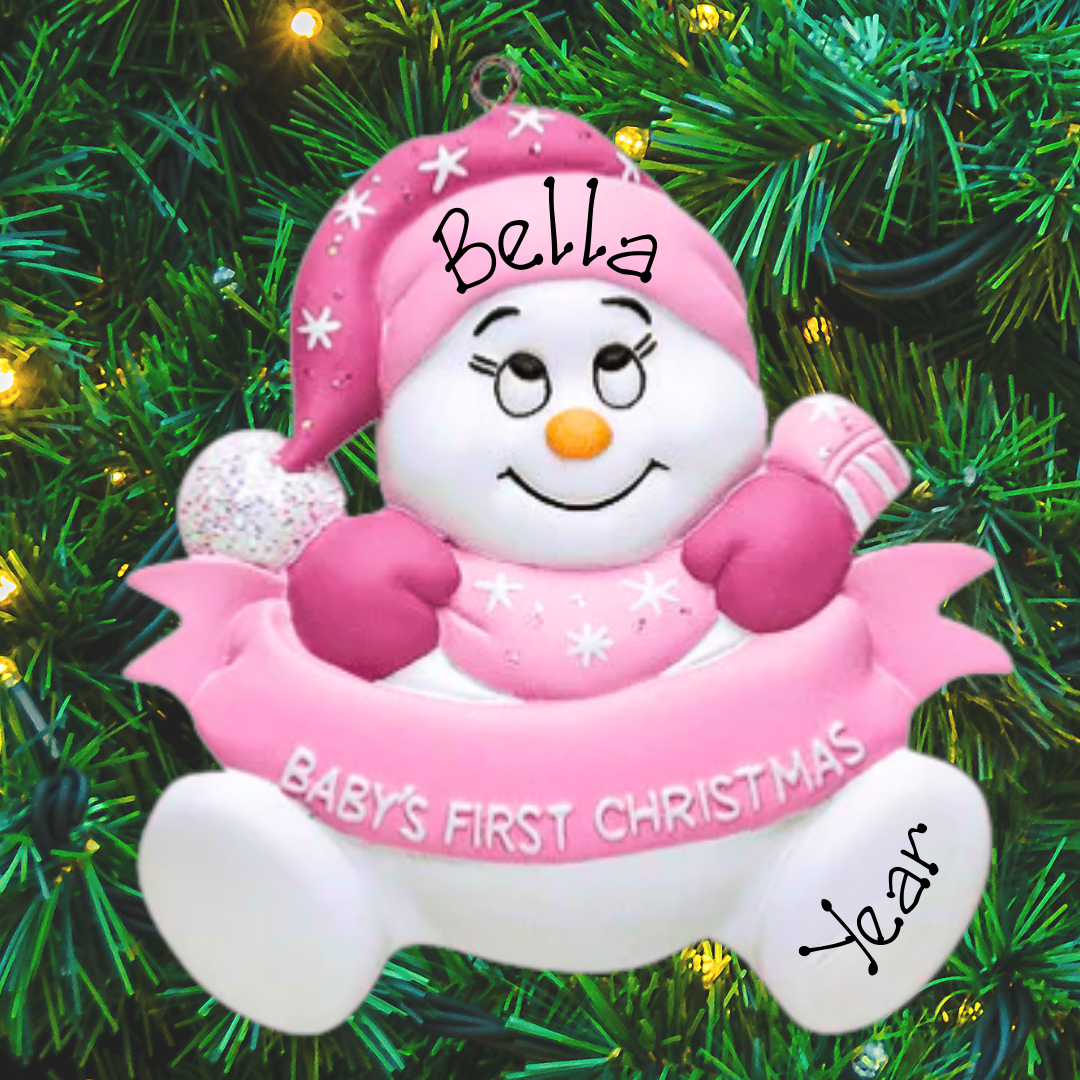 Personalised Baby's 1st Christmas Ornament - Pink Snowman with Banner