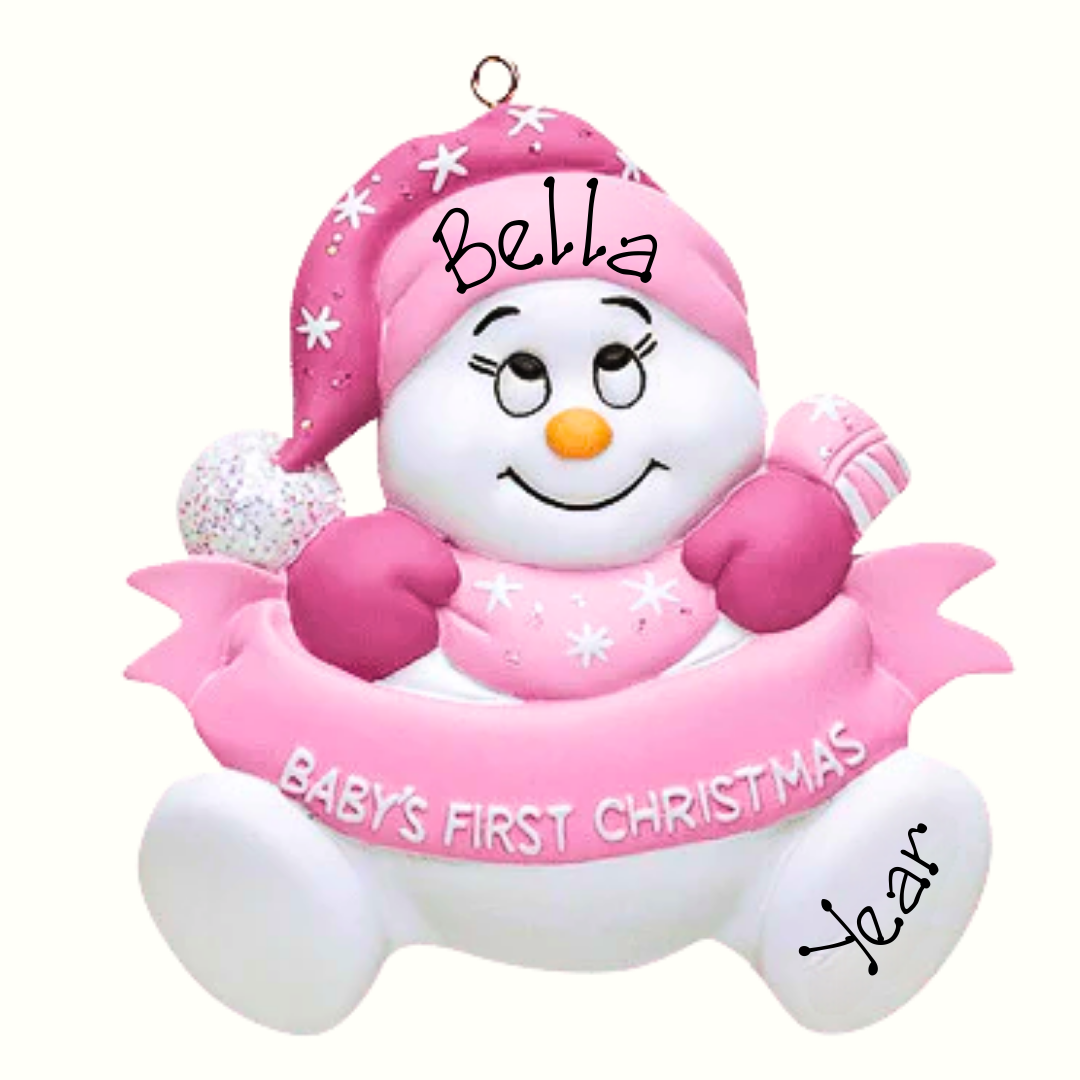 Personalised Baby's 1st Christmas Ornament - Pink Snowman with Banner