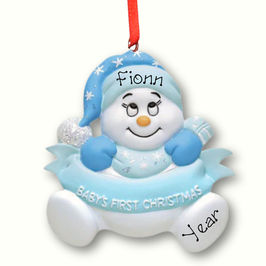 Personalised Baby's 1st Christmas Ornament - Blue Snowman with Banner