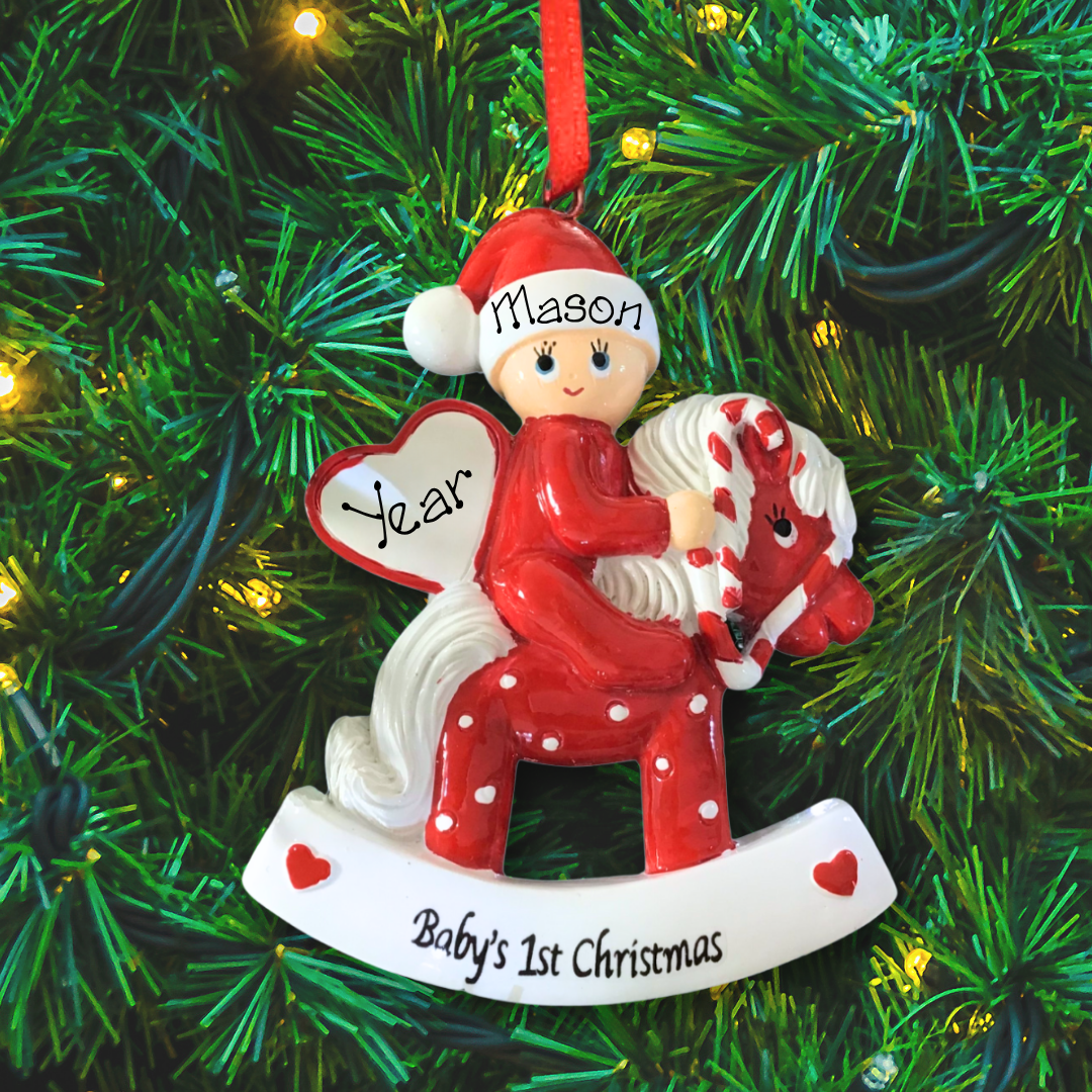 Personalised Baby's 1st Christmas Ornament - RED Rocking Horse
