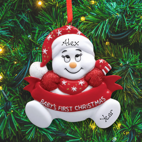 Personalised Baby's 1st Christmas Ornament - Red Snowman with Banner