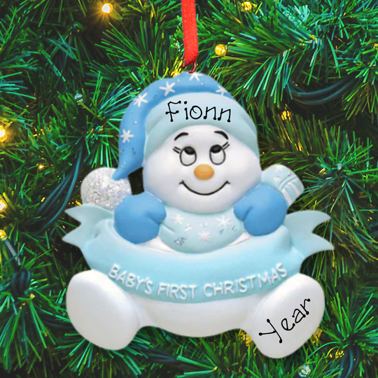 Personalised Baby's 1st Christmas Ornament - Blue Snowman with Banner